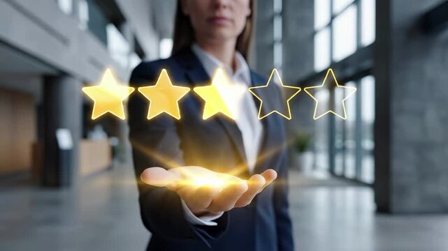 Business professional holds open palm beneath five glowing golden stars in a modern office lobby. Customer satisfaction, star rating, and service excellence concept.