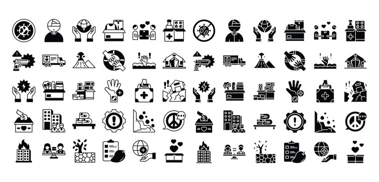 Humanitarian aid and disaster relief icon set in solid style