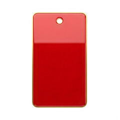 A red plastic tag with a hole at the top