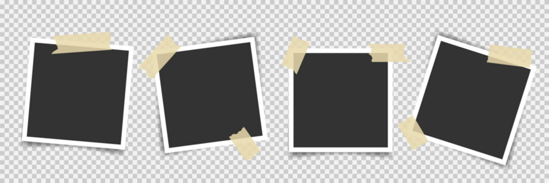 Four blank photo frames glued with adhesive tape strips. Empty instant camera photos with masking tape overlays. Great for wedding travel layouts, digital collage, photo album, social media