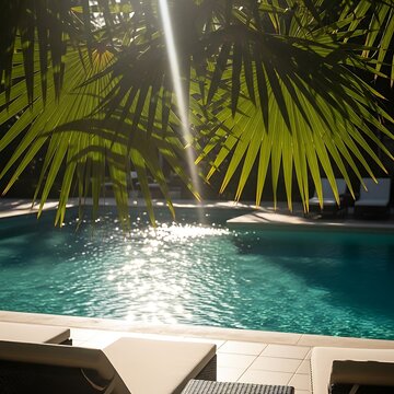 Sunlit Poolside Oasis - Tranquil Waters and Palm Fronds.