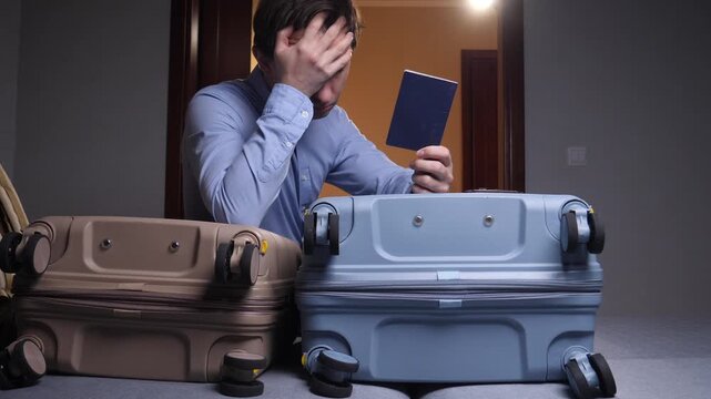 Unhappy man feeling overwhelmed and frustrated while holding his passport and standing near two open suitcases, experiencing travel problem or having a packing dilemma