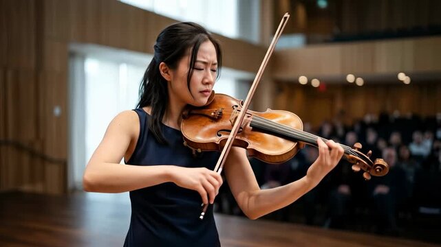 Musician plays violin with emotional concentration in front of audience. Indoor concert hall setting with wooden floors and focused lighting
