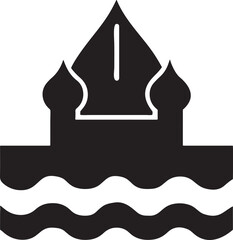 Obraz premium A vector illustration featuring a stylized old boat silhouette traveling on the sea as a travel landmark icon design