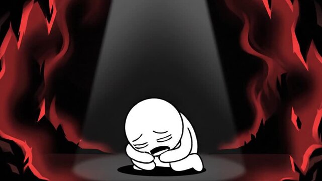 Cartoon character standing alone in a dark and scary environment with flames