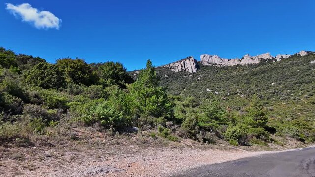 Driving from the Cathar medieval castle of Peyrepertuse in the Aude department, southern France to the Gorges de Galamus.