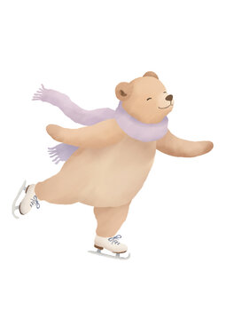 Ursa patinando no gelo - Ilustra&ccedil;&atilde;o infantil fofa e delicada no estilo aquarela - Feito a M&atilde;o - Tema patina&ccedil;&atilde;o art&iacute;stica