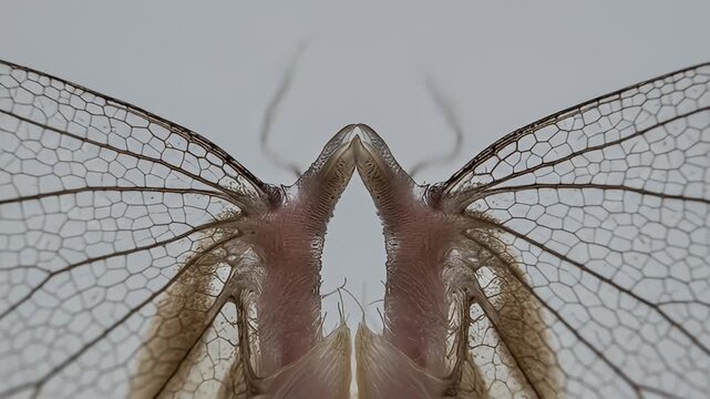 Macro of mirrored insect wings, displaying intricate vein patterns against soft light