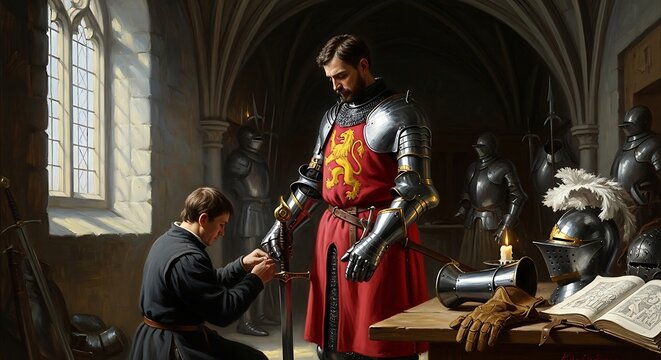 Solemn knighting ceremony in a medieval castle chamber.