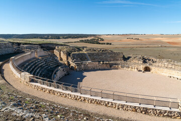 Ancient Roman amphitheatre ruins located at Segobriga archaeological park in Cuenca, Castilla La Mancha, Spain.