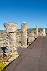 Ancient Roman stone columns and ruins at Segobriga archaeological park in Cuenca, Castilla La Mancha, Spain.
