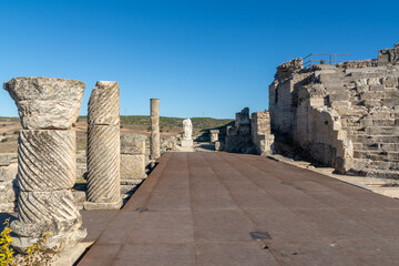 Roman columns and archaeological remains at Segobriga archaeological park in Cuenca, Castilla La Mancha, Spain.