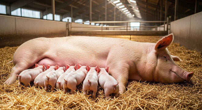 Pig nursing her newborn piglets in a barn