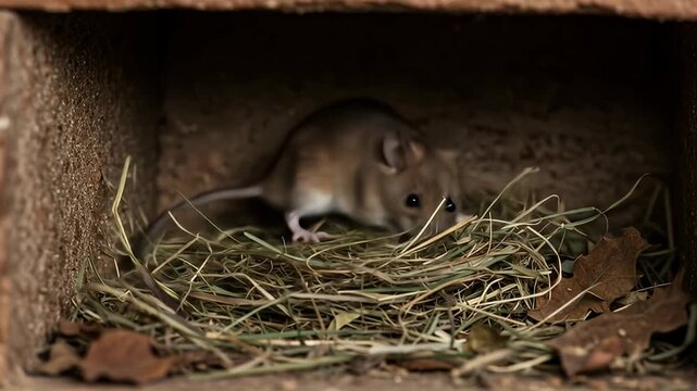 Mouse nestled in straw within a brick alcove, shadowed, with small leaves