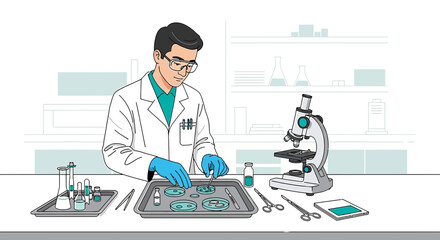 Scientist in Lab Coat Working with Petri Dishes and Microscope