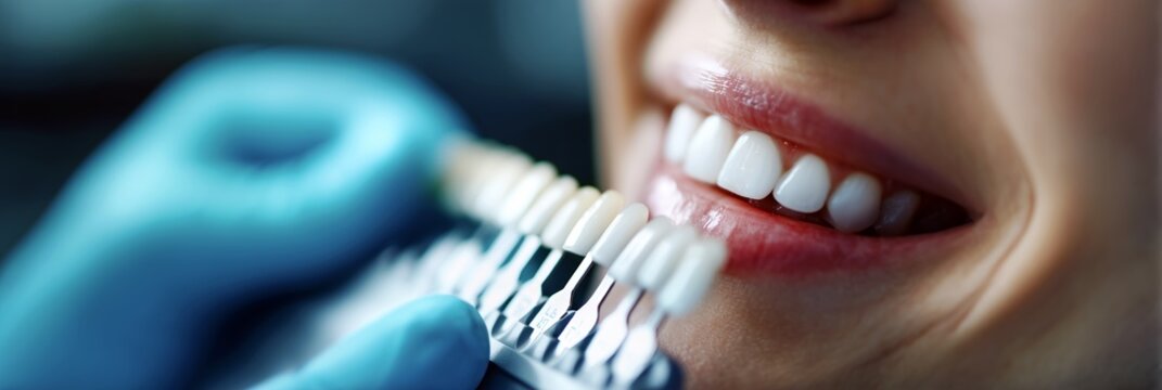 Dentist in blue gloves comparing tooth shade guide to female patient smile