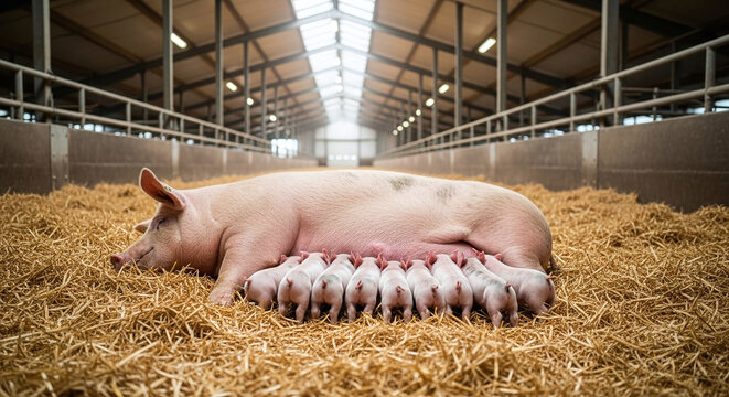 mother pig and newborn piglets in a barn