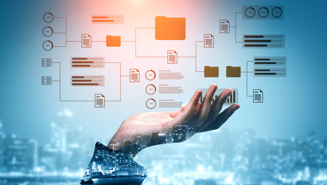 Futuristic hand releasing digital data over a city skyline, featuring graphics and flowcharts that symbolize the advancements in information technology and connectivity. Gantry
