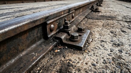 Rusty railroad tracks with metal bolts and nuts, transport industry concept , modern corporate concept, texture background, copy space