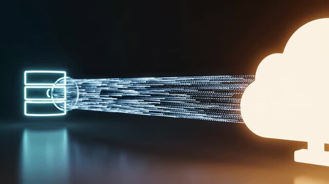 Glowing database streams parallel data lines into a luminous cloud storage symbol on a dark background. Migration, upload, and speed transfer concept.