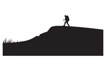 Fototapeta premium Lone hiker with backpack and walking stick ascends a steep mountain trail, silhouetted against a dramatic natural landscape, symbolizing adventure and determination