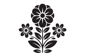 Fototapeta premium Minimalist black floral silhouette with symmetrical flowers and leaves for decorative patterns and organic branding designs isolated on transparent background for simple and elegant graphics