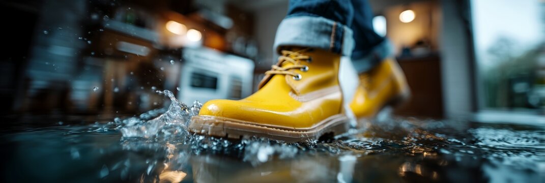 Household flooding with rubber boots in submerged kitchen interior