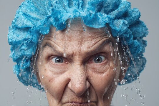Frowning Senior Woman Unhappy with Water in Her Face in the Shower