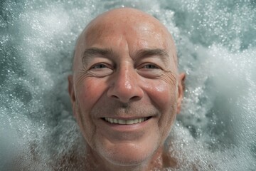 Happy Bald Senior Man Smiling While Relaxing in a Bubble Bath