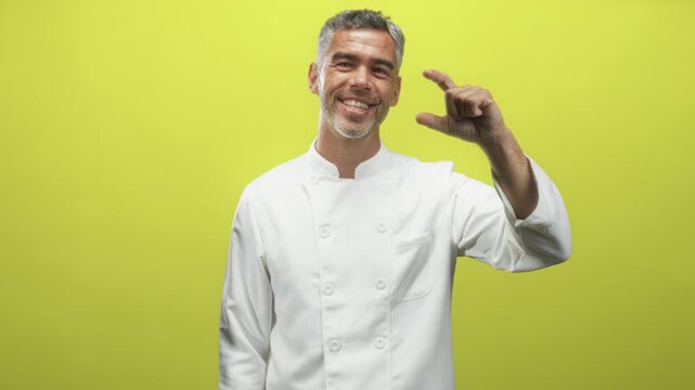 Man chef in white jacket holds fingers close to show small size while smiling in studio; confidence culinary skill.