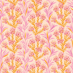 Pastel Floral Seamless Pattern: Pink Blossoms and Golden Branches
