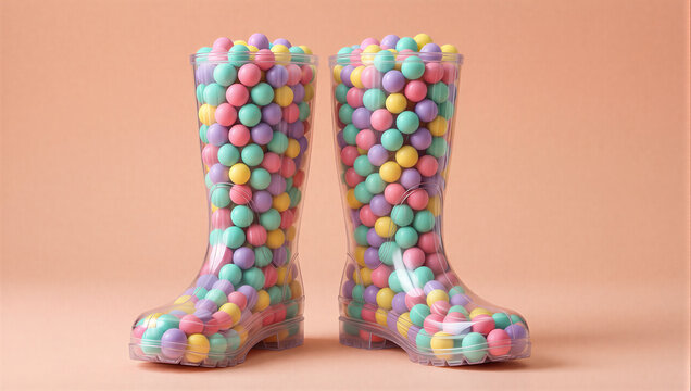 Transparent rain boots filled with colorful candy balls on pastel background