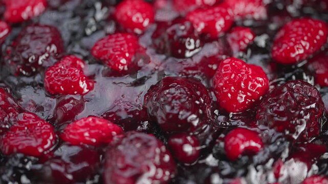 Shiny berry mixture, Vivid berry jam simmering slowly, Glossy fruit compote with whole berries bubbling, Shiny glazed mixture of berries cooking in rustic kitchen setting