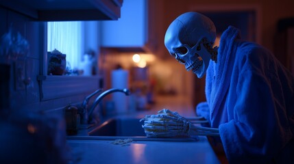 Fototapeta premium A skeleton wearing a robe stands in a dimly lit kitchen washing dishes, creating a humorous yet eerie atmosphere.