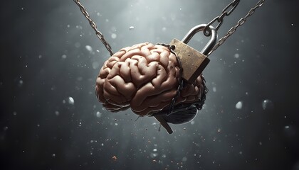 This powerful visual metaphor depicts a realistic human brain tightly bound by robust metal chains and secured with a prominent brass padlock, symbolizing the profound concepts of restricted thought, 