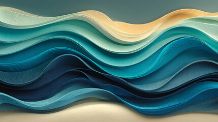 Obraz premium Beautiful layered papercraft waves featuring gradual transitions of cyan, turquoise, and deep blue hues.
