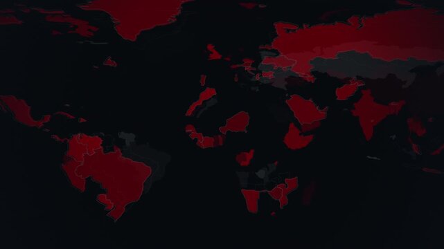 Animated world map with zoom and red flickering countries, dramatic global crisis alert background. Ideal for hacker attack, cyber threat, geopolitics, emergency news or world on fire themed projects