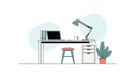 Fototapeta premium Modern home office workspace featuring a laptop on a white desk with a lamp, files, a stool, and a potted plant in a clean minimalist style.