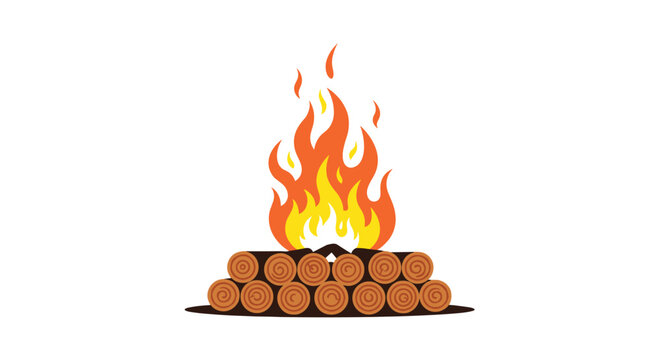 Campfire burning brightly over a stack of logs in a minimalist flat vector illustration isolated on a white background for camping themes.