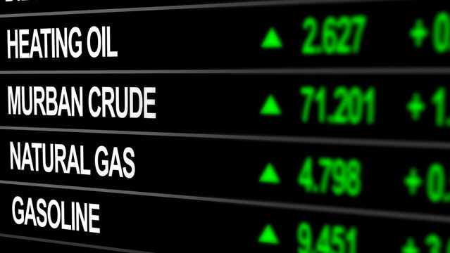 Digital trading screen showing rising prices of energy commodities including diesel oil, gasoline, natural gas, heating oil and crude oil