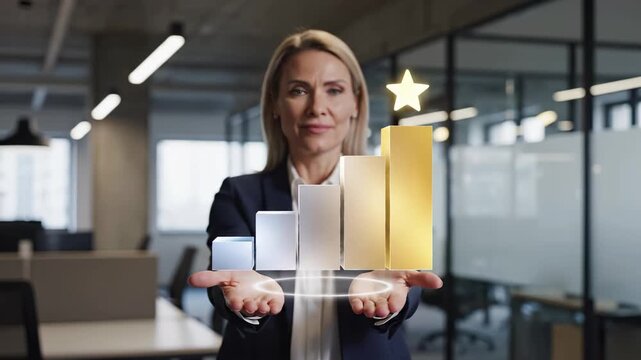 Businesswoman in a suit holds a floating holographic bar chart with a glowing star on top in office. Business performance excellence and achievement concept for finance, analytics, corporate success.