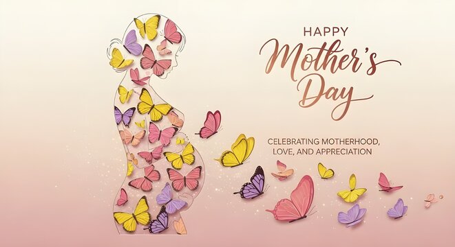 Mother's Day Illustration Featuring Pregnant Woman Silhouette with Colorful Butterflies