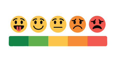 Naklejka premium Customer satisfaction rating scale with five colorful emoji faces and corresponding color gradient bar