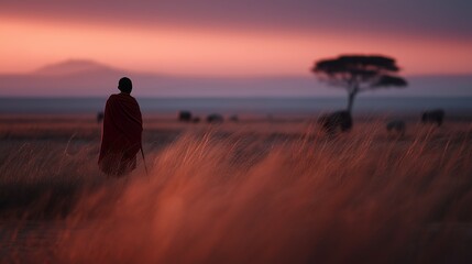 Obraz premium Silhouetted figure in vibrant attire gazes over vast savannah at sunset, with distant acacia trees and grazing wildlife.
