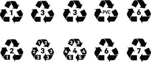 Recycling Symbols Set with Plastic Resin Codes and Material Identification Numbers for Eco Friendly Waste Management and Sustainability Vector Graphic Design