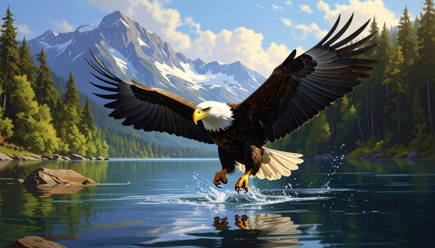 Elang botak dengan paruh kuning dan bulu putih di kepala terbang mengepakkan sayap lebar menembus langit biru sebagai predator satwa liar sejati