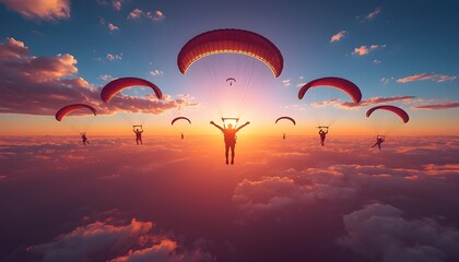 Group of paragliders soaring high above a dense blanket of pink and orange sunset clouds during an exhilarating extreme sports adventure flight