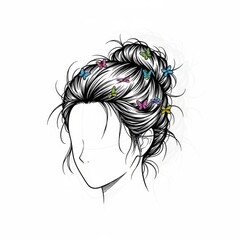 Naklejka premium Technical Line Art of Spiky Updo Scattered with Butterfly Clips 3/4