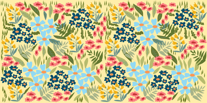 Maximalist hand-drawn seamless floral pattern with wildflowers and leaves