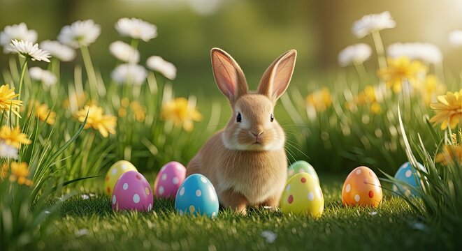 Easter day celebration with easter bunny and colorful eggs in a field of flowers on a sunny day